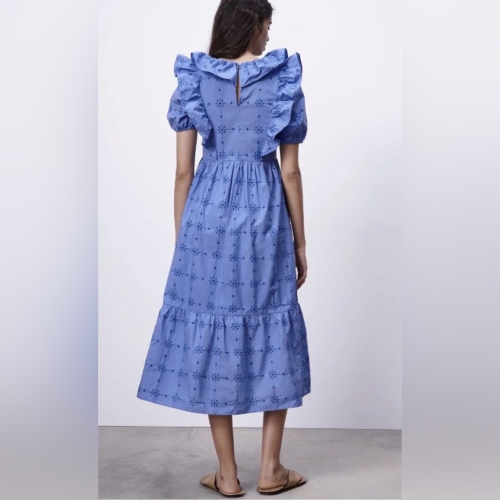 Zara Light Blue Embroidered Ruffle midi Dress M - Picture 2 of 14
